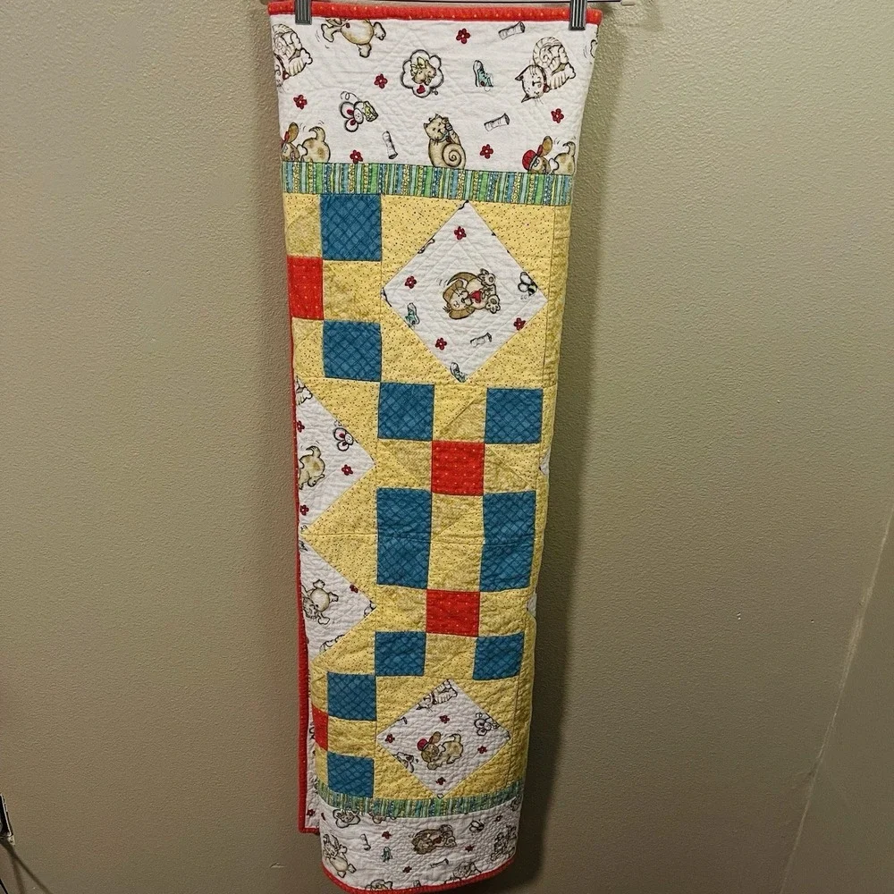 Vintage Flannel Baby Quilt Blanket Handmade Cats Dogs White Yellow Unisex  48x56